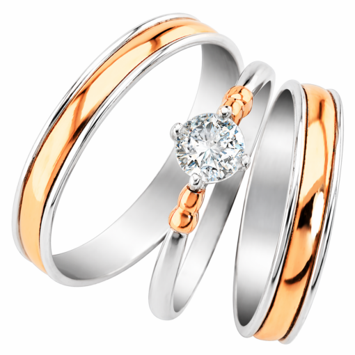 Par Alianzas 3.5mm Plata 950 Y Oro 18K Rose Con Anillo Solitario