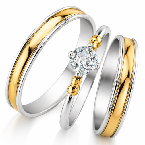 Par Alianzas 3.5mm Plata 950 Y Oro 18K Con Anillo Solitario