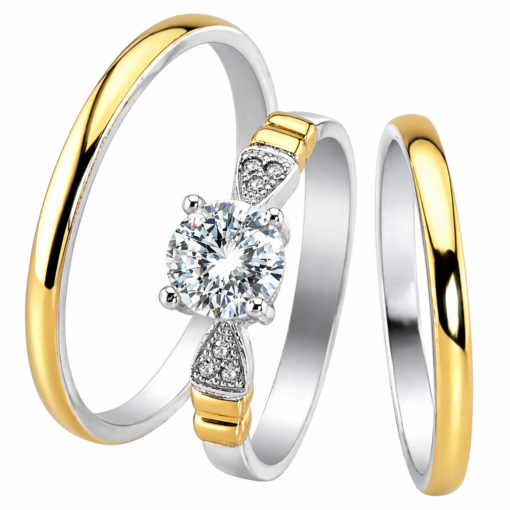 Par Alianzas 2mm Plata 950 Y Oro 18K Con Anillo Solitario