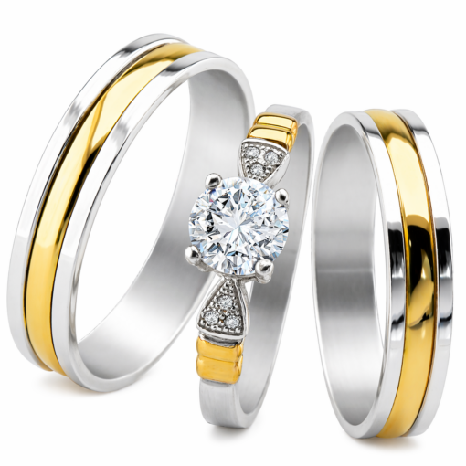 Par Alianzas Cinta 5mm Plata 950 Y Oro 18K Con Anillo Solitario