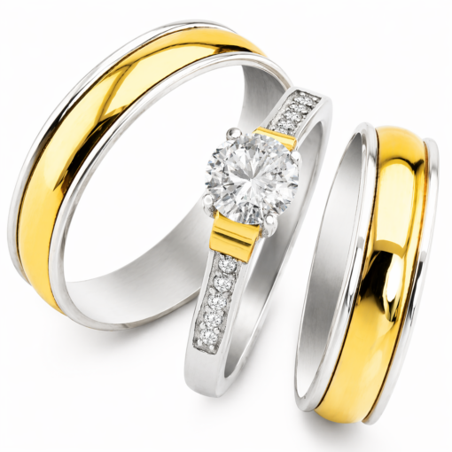 Par Alianzas 5mm Plata 950 Y Oro 18K Con Anillo Solitario