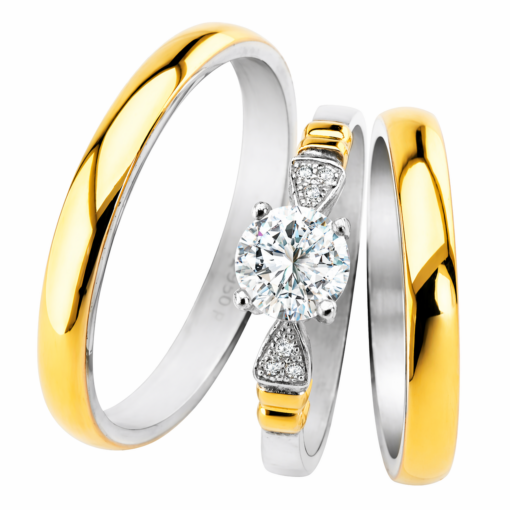 Par Alianzas 3mm Plata 950 Y Oro 18K Con Anillo Solitario