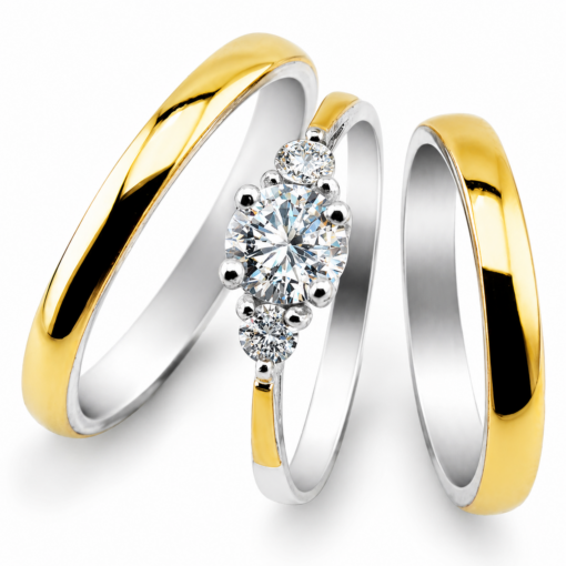 Par Alianzas 3mm Plata 950 Y Oro 18K Con Anillo Solitario 3 Piedras