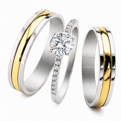 Par Alianzas Cinta 5mm Plata 950 Y Oro 18K Con Anillo Cintillo