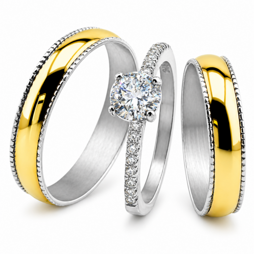 Alianzas Labradas 5mm Plata 950 Y Oro 18K Con Anillo Cintillo Piedra Central