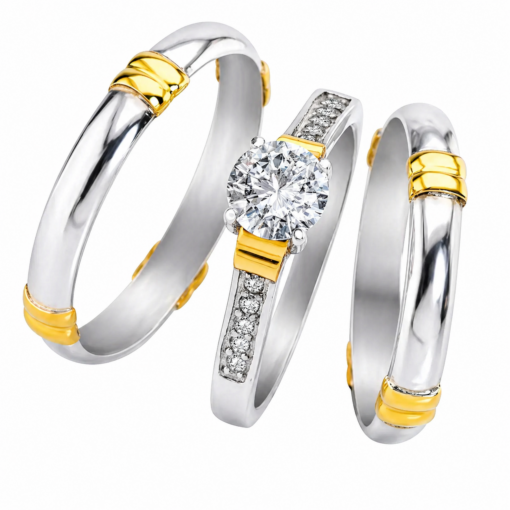 Alianzas Puntos Cardinales Plata 950 Y Oro 18K Con Anillo Cintillo Piedra Central