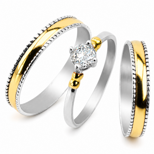 Alianzas Labradas 3.5mm Plata 950 Y Oro 18K Con Anillo Solitario