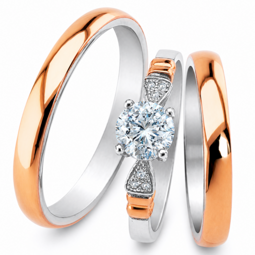 Par Alianzas 3mm Plata 950 Y Oro 18K Rose Con Anillo Solitario