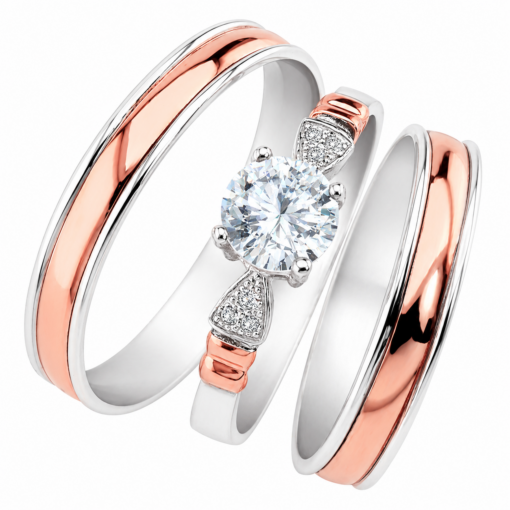 Par Alianzas 3.5mm Plata 950 Y Oro 18K Rose Con Anillo Solitario