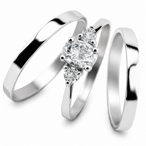 Par Alianzas Cinta 2mm Plata 950 Con Anillo Solitario Oval