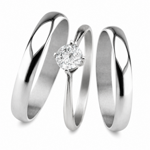 Par Alianzas Media Caña 3mm Plata 950 Con Anillo Solitario