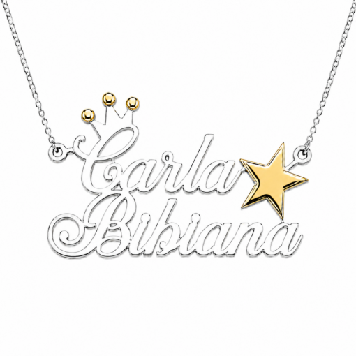 Cadena Con Dije Doble Nombre Corona Y Estrella Plata Y Oro