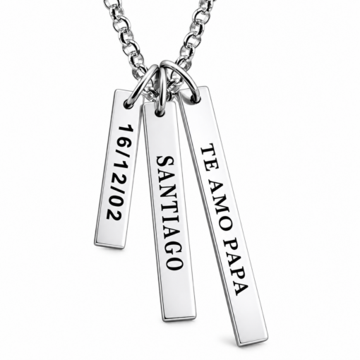 Cadena Con 3 Dijes Barras Planas Plata 925 Grabado Personalizado