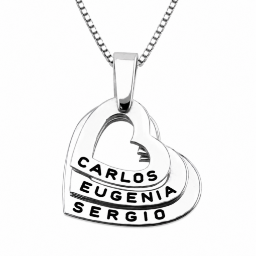 Collar Con Dije 3 Corazones Grabado Nombres Plata 925
