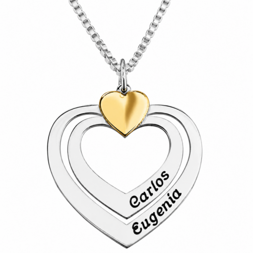 Cadena Con Dije 2 Corazones Grabado Nombres Plata Y Oro