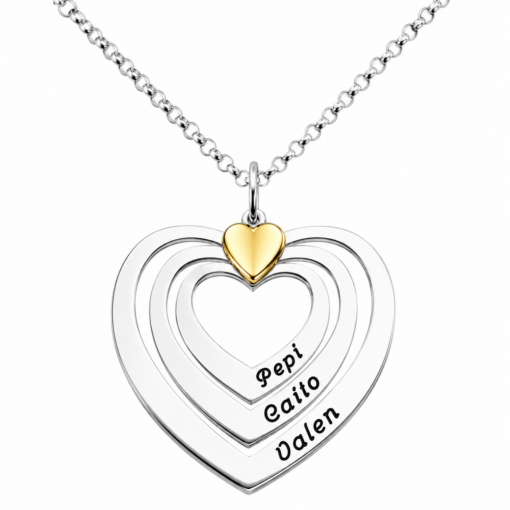 Cadena Con Dije 3 Corazones Grabado Nombres Plata Y Oro