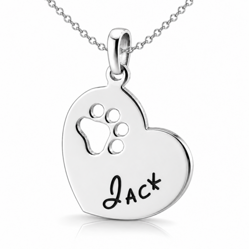 Cadena Con Dije Corazon Huella De Perro/Gato Grabado Nombre Plata 925