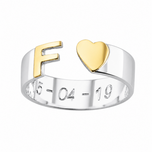 Anillo Inicial Y Corazón De Plata 925 Y Oro 18k